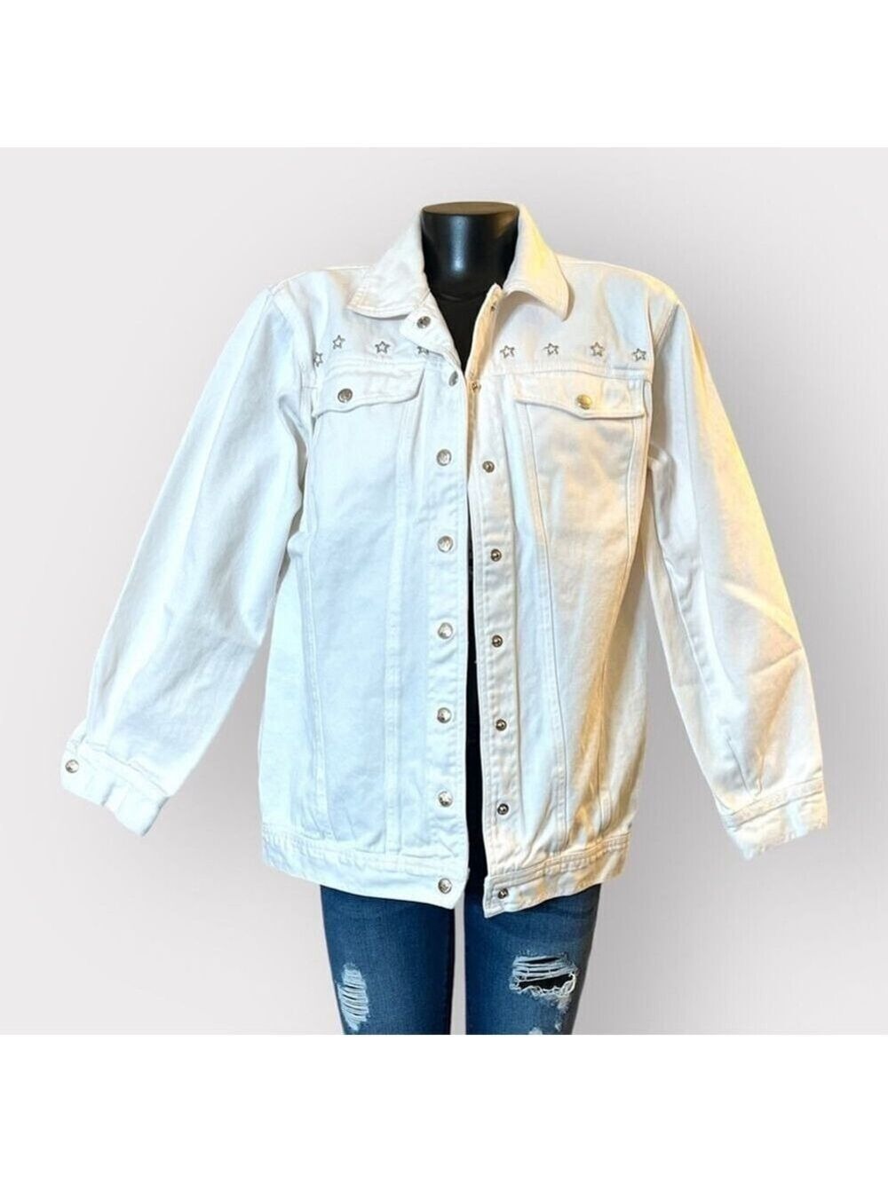 Avon VINTAGE Oversized Boyfriend Boxy Denim Jacket sz Medium Large White Stars
